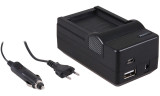 4-in-1 acculader voor Canon LP-E10 accu - compact en licht - laden via stopcontact, auto, USB en Powerbank