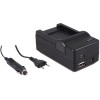 4-in-1 acculader voor Sony NP-FT1 accu - compact en licht - laden via stopcontact, auto, USB en Powerbank