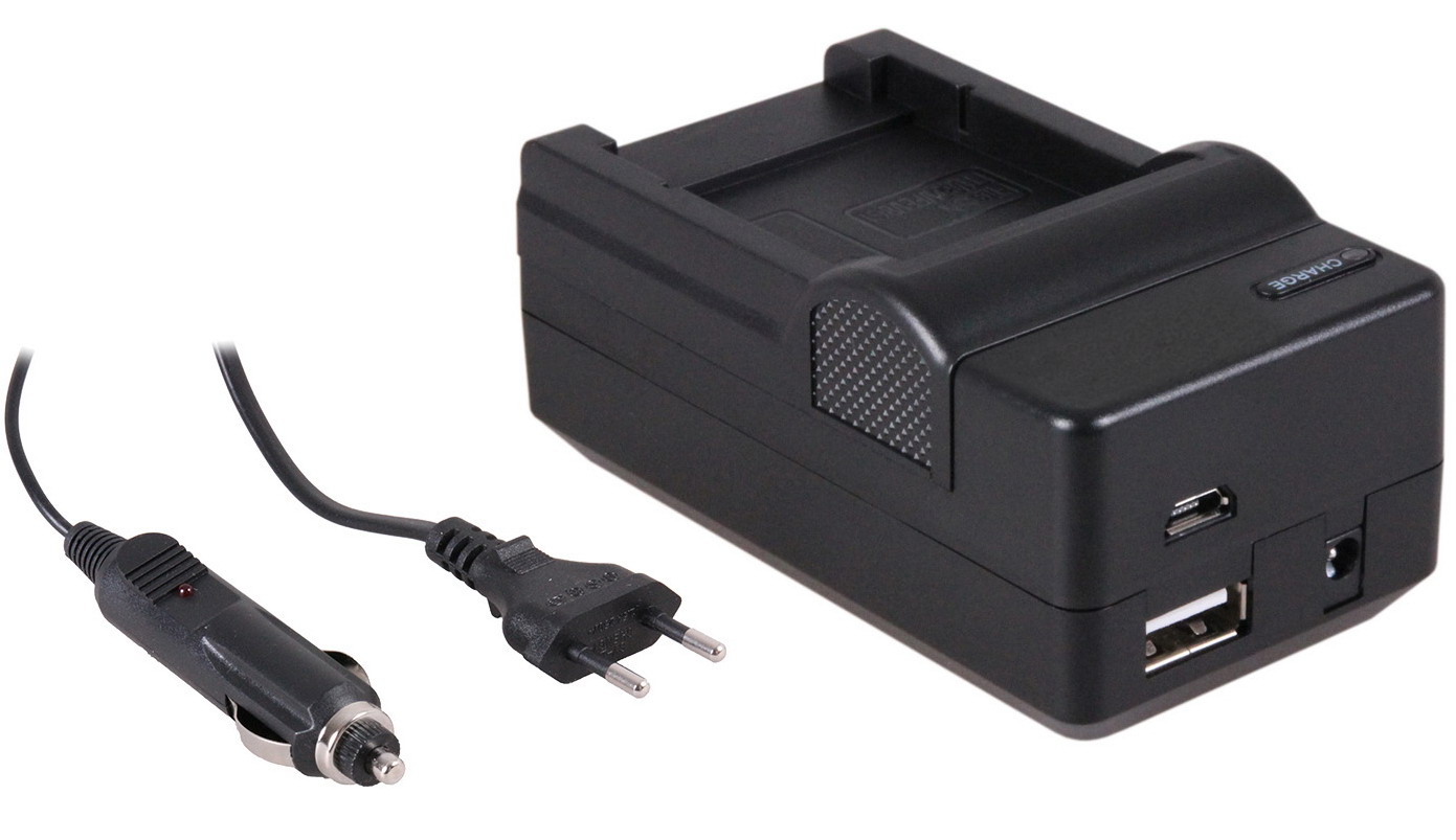4-in-1 acculader voor Sony NP-FT1 accu compact en licht laden via stopcontact, auto, USB en Powerban