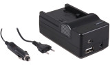 4-in-1 acculader voor Sony NP-FH50 / NP-FH70 / NP-FH100 - compact en licht - laden via stopcontact, auto, USB en Powerbank