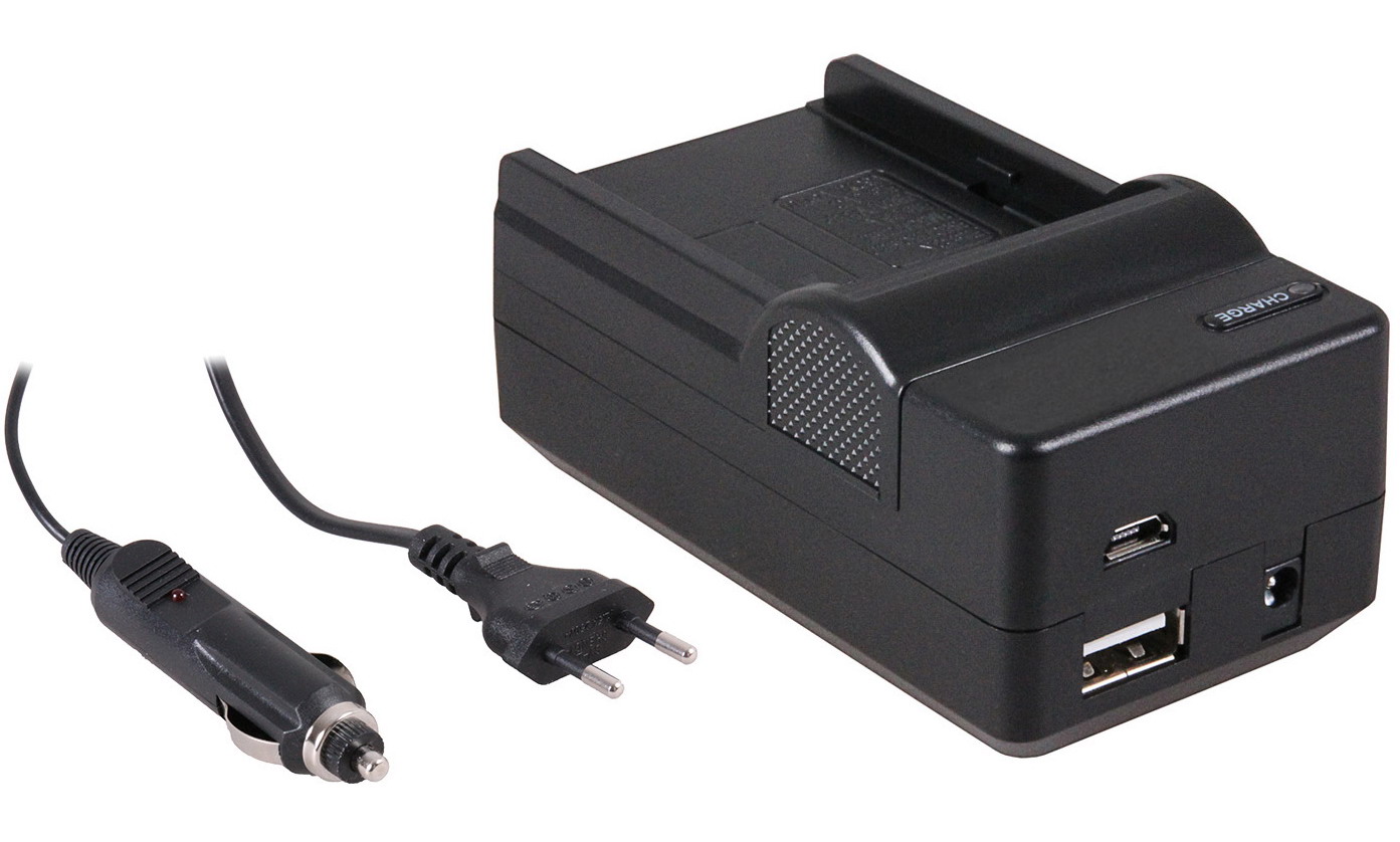 4-in-1 acculader voor Sony NP-FM500H accu compact en licht laden via stopcontact, auto, USB en Power