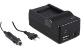 4-in-1 acculader voor Panasonic DMW-BLG10PP accu - compact en licht - laden via stopcontact, auto, USB en Powerbank