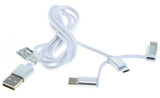 USB 3in1 kabel - Apple Lightning, microUSB en USB-C op 1 kabel - Nylon - 1 meter - Wit